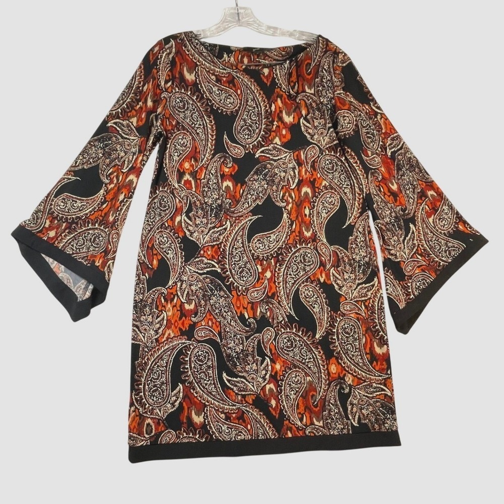 GNW Womens Paisley Ikat Bell Sleeve Shift Dress Orange Black Size M